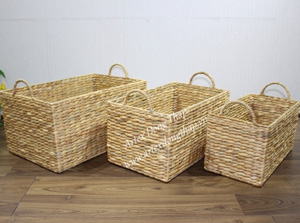 Bộ 3 sọt chữ nhật lục bình đan mắt na buộc quai