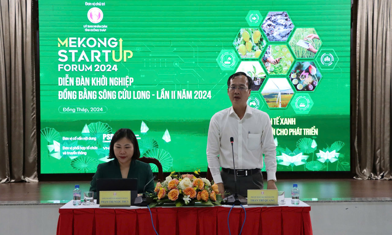 Phó Chủ tịch UBND Tỉnh Trần Trí Quang phát biểu tại Họp báo công bố Diễn đàn khởi nghiệp Đồng bằng sông Cửu Long
